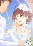  ahoge awakened_miki bridal_gauntlets brown_hair dress elbow_gloves gloves highres hoshii_miki idolmaster idolmaster_(classic) jewelry maru_(sara_duke) no_eyes one_eye_closed open_mouth producer_(idolmaster) ring smile tears wedding wedding_dress wiping_tears 