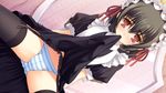  black_hair black_legwear blush cameltoe dutch_angle game_cg garter_belt headdress looking_at_viewer maid norita otome_wa_boku_ni_koishiteru otome_wa_boku_ni_koishiteru_futari_no_elder panties red_eyes skirt skirt_lift solo striped striped_panties thighhighs underwear watarai_fumi 