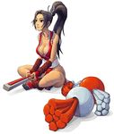  artist_request bare_shoulders breasts brown_hair cleavage closed_fan concept_art crossed_legs fan fatal_fury fingerless_gloves folding_fan gloves japanese_clothes large_breasts long_hair neo_geo_battle_coliseum ninja official_art pelvic_curtain ponytail revealing_clothes shiranui_mai sitting snk solo tabi the_king_of_fighters 