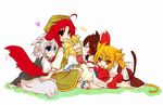  alice_margatroid animal_ears apron ascot barefoot blonde_hair blue_eyes bow brown_hair capelet cat_ears cat_tail closed_eyes dog_ears dog_tail face_licking fang green_eyes hair_bow hakurei_reimu hat heart hong_meiling hug hug_from_behind izayoi_sakuya kemonomimi_mode kirisame_marisa laughing licking multiple_girls open_mouth red_hair shirt silver_hair sitting skirt tail tongue tongue_out touhou yellow_eyes yuuta_(monochrome) 