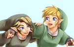  bad_id bad_pixiv_id blonde_hair blue_eyes chikuwa_(rinka) dual_persona earrings gloves hat highres jewelry link male_focus multiple_boys smile the_legend_of_zelda the_legend_of_zelda:_skyward_sword the_legend_of_zelda:_twilight_princess 