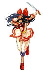  ainu_clothes blue_hair bow capcom_vs_snk capcom_vs_snk_2 hair_bow highres huge_bow long_hair mouth_hold nakoruru nishimura_kinu official_art red_bow reverse_grip samurai_spirits scabbard sheath short_sword solo sword weapon white_background 