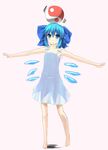  adapted_costume bad_id bad_pixiv_id balancing ball bare_legs barefoot blue_eyes blue_hair blush bow cirno crystal dress frown hair_bow object_on_head outstretched_arms panties r0g0b0 see-through short_hair solo spaghetti_strap spread_arms touhou underwear white_panties wings yin_yang 