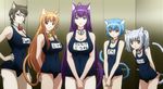  animal_ears aqua_eyes asobi_ni_iku_yo! bell bell_collar blue_hair breasts brown_hair cat_ears cat_tail catgirl chaika chaika_(asobi_ni_iku_yo!) duerel duerel_(asobi_ni_iku_yo!) eris eris_(asobi_ni_iku_yo!) flat_chest glasses green_eyes highres jingle_bell kuune kuune_(asobi_ni_iku_yo!) long_hair name_tag one-piece_swimsuit orange_hair purple_eyes purple_hair red_eyes school_swimsuit screencap short_hair silver_hair swimsuit tail twintails very_long_hair 