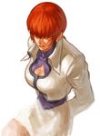  breasts cleavage cleavage_cutout dress earrings hair_over_eyes jewelry medium_breasts neo_geo_battle_coliseum official_art ogura_eisuke red_hair shermie snk solo the_king_of_fighters 