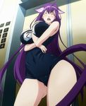  1girl 2pair_ears alien animal_ears asobi_ni_iku_yo! breasts cat_ears cat_tail catgirl catian cleavage elevator highres iku kuune kuune_(asobi kuune_(asobi_ni_iku_yo!) large_breasts long_hair name_tag ni one-piece_swimsuit purple_hair school_swimsuit screen_cap screencap skin_tight swimsuit tail very_long_hair yo!) 