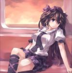  bench bow brown_hair checkered checkered_skirt crossed_legs hair_bow hat himekaidou_hatate huanxiang_huifeng leg_ribbon long_hair necktie purple_eyes red_sky ribbon shirt sitting skirt sky smile solo touhou twintails window 