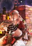  ^_^ bare_shoulders blonde_hair blush boots box breasts chimney cleavage closed_eyes eyebrows_visible_through_hair eyes_closed gift gift_box grin hinomoto_madoka large_breasts long_hair night outdoors sack santa_costume sitting sky smile snowing star_(sky) starry_sky striped striped_legwear thighhighs twintails very_long_hair wild_arms:_million_memories 