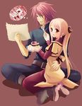 animated animated_gif anna_irving bow brown_eyes cake couple food fork gif kratos_aurion long_hair pink_hair red_hair redhead short_hair simple_background sweatdrop tales_of_(series) tales_of_symphonia 