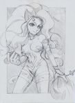  animal_ears big_hair breasts cat_ears choker clenched_hand cross felicia greyscale highres jewelry k4khaos large_breasts long_hair looking_up monochrome navel necklace paws sketch smile solo source_request tail traditional_media vampire_(game) 