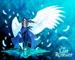  aqua_background bad_id bad_pixiv_id blue_hair closed_eyes coat copyright_name feathers hataka_nohito long_hair male_focus pants solo the_conqueror the_last_remnant wings 