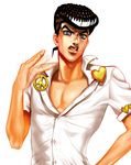  bad_id bad_pixiv_id brown_eyes brown_hair chest diamond_wa_kudakenai heart higashikata_jousuke hot jojo_no_kimyou_na_bouken male_focus open_clothes open_shirt peace_symbol pompadour shirt solo sweat white_shirt 