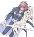  anna_irving blonde_hair couple fingerless_gloves gloves kratos_aurion long_hair one_eye_closed red_hair redhead short_hair simple_background sword tales_of_(series) tales_of_symphonia weapon wink 