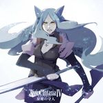  amulet animal_ears blizzard breasts cleavage dual_wielding fangs gin_(oyoyo) holding long_hair medium_breasts pixiv_fantasia pixiv_fantasia_4 silver_hair solo sword weapon yellow_eyes 