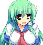  alternate_costume breasts frog green_hair kochiya_sanae large_breasts long_hair looking_at_viewer open_mouth ryokushiki_(midori-ya) school_uniform serafuku simple_background smile snake solo touhou upper_body yellow_eyes 