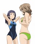  adjusting_hair armpits arms_up ass awatsuki_maaya bikini blue_eyes blue_hair brown_hair face highres jpeg_artifacts multiple_girls smile smile_(rz) smirk swimsuit to_aru_kagaku_no_railgun to_aru_majutsu_no_index wannai_kinuho 