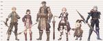  3boys armor bad_id bad_pixiv_id copyright_request fantasy fujimaru_(green_sparrow) glasses height_chart highres lineup multiple_boys multiple_girls weapon 