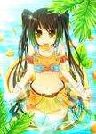  arancia bad_id bad_pixiv_id bare_shoulders black_hair crossed_legs food fruit long_hair lulu_season midriff miniskirt mouth_hold orange orange_eyes orange_skirt original sitting skirt solo twintails water wet 