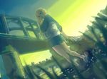  arakawa_under_the_bridge blonde_hair blue_eyes bridge city fishing_net jacket long_hair nino_(arakawa) no_socks shoes shorts solo uwabaki water yamao888 