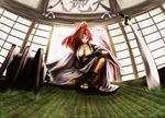  baiken breasts cleavage guilty_gear japanese_clothes katana kimono large_breasts one-eyed open_clothes open_kimono pink_hair ponytail red_hair scar scar_across_eye sitting solo sword tatami tattoo weapon yosa 