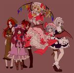 bad_id bad_pixiv_id blonde_hair blue_eyes blue_hair book boots bow braid breasts chinese_clothes clock dress expressionless flandre_scarlet hair_ornament hair_ribbon hat hat_ribbon head_wings headband hong_meiling izayoi_sakuya koakuma long_hair looking_at_viewer maid_headdress medium_breasts moriyama_shijimi multiple_girls open_mouth patchouli_knowledge puffy_sleeves purple_eyes purple_hair red_eyes red_hair remilia_scarlet ribbon shoes short_hair side_ponytail simple_background sitting skirt smile socks thighhighs touhou wings yellow_eyes 