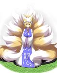  blonde_hair breasts fox_tail hands_in_opposite_sleeves highres large_breasts multiple_tails shirt short_hair smile solo tail taut_clothes taut_shirt touhou yakumo_ran yuumatsu_akira 