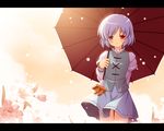  blue_eyes blue_hair blush flower heterochromia letterboxed red_eyes smile solo tatara_kogasa touhou umbrella wallpaper yamasan 