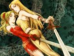  ass bad_id bad_pixiv_id belt blonde_hair celes_chere dress earrings final_fantasy final_fantasy_vi green_eyes jewelry long_hair multiple_girls no_legwear ponytail ren_mizuha sword tina_branford weapon 