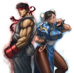  1girl black_hair bun_cover china_dress chinese_clothes chun-li double_bun dress highres muscle pantyhose pelvic_curtain ryuu_(street_fighter) s_(joyk1214) sash short_hair street_fighter 