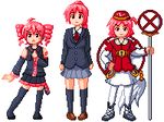  artist_request color_connection crossover drill_hair hair_color_connection k-on! kasane_teto kawashiro_mitori layered_sleeves lowres miura_akane multiple_crossover multiple_girls original parody pink_hair pixel_art red_eyes school_uniform thighhighs touhou twin_drills twintails utau 