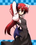  adjusting_hair alternate_hairstyle arms_up bat_wings hairband head_wings hemogurobin_a1c koakuma long_hair looking_at_viewer low_wings mouth_hold ponytail red_eyes red_hair skirt skirt_set solo touhou vest wings 