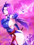  ahoge armpits ass bare_shoulders blue_eyes blue_leotard breasts bridal_gauntlets bug butterfly covered_nipples elbow_gloves gloves highres insect katana large_breasts leotard long_hair marvel psylocke purple_hair sideboob solo sword thighhighs thong_leotard usatarou weapon x-men 