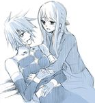  anna_irving blood couple fingerless_gloves gloves kratos_aurion laying lying monochrome simple_background sketch tales_of_(series) tales_of_symphonia tears 