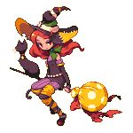  black_cat bow broom broom_riding candy cat copyright_request food full_body hat lollipop lowres pixel_art red_eyes red_hair sidesaddle solo transparent_background uruchimai witch witch_hat 
