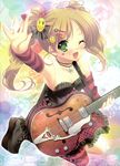  absurdres arm_warmers badge blonde_hair boots button_badge copyright_request cross green_eyes guitar hair_ornament hairclip heart highres instrument mitsumomo_mamu nail_art nail_polish one_eye_closed open_mouth single_thighhigh smiley_face solo striped thighhighs twintails 