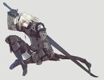  beniyama blonde_hair blue_eyes male_focus nier nier_(series) nier_(young) simple_background solo sword weapon younger 