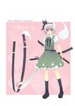  alice_in_wonderland black_legwear blue_eyes blue_hallelujah character_name character_sheet crossover dress grey_hair kneehighs konpaku_youmu konpaku_youmu_(ghost) loafers sheath shoes socks solo sword touhou weapon 