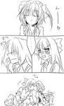  blush closed_eyes comic flandre_scarlet fujiwara_no_mokou greyscale hair_over_eyes imminent_kiss kiss monochrome multiple_girls tacho touhou yuri 