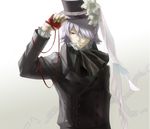  adjusting_clothes adjusting_hat debii flower formal frills gathers gradient gradient_background hair_over_one_eye hat highres lily_(flower) male_focus pandora_hearts red_eyes silver_hair solo top_hat xerxes_break 