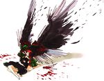  bad_id bad_pixiv_id barefoot black_hair blood bow braid dress holding hug kaenbyou_rin kneeling multiple_girls parody pointy_ears red_hair reiuji_utsuho saishuu_heiki_kanojo sitting touhou wings yukataro 