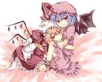  bad_id bad_pixiv_id bat_wings blonde_hair blue_hair flandre_scarlet hat hug mitsu_yomogi multiple_girls purple_hair red_eyes remilia_scarlet short_hair siblings side_ponytail sisters smirk touhou wings 