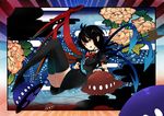  asymmetrical_wings black_hair black_legwear chrysanthemum flower houjuu_nue kakueki-teisha legs pointy_ears red_eyes short_hair solo thighhighs touhou ufo wings zettai_ryouiki 