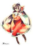  boots brown_hair detached_sleeves dress full_body hakurei_reimu knee_boots long_hair looking_at_viewer pochi-t red_dress ribbon-trimmed_sleeves ribbon_trim simple_background solo touhou very_long_hair white_background 