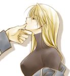  blonde_hair breasts chin_grab fullmetal_alchemist large_breasts long_hair lowres riza_hawkeye shirt solo_focus takafuji_yuna undressing 