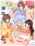  :d ahoge arms_up bad_id bad_pixiv_id barefoot bed bedroom bottle brown_eyes brown_hair cake cat cd cd_case cup eyebrows_visible_through_hair feet food food_in_mouth foreshortening fork glass grin highres holding_pizza long_hair looking_at_viewer mouth_hold mug multiple_girls nightgown open_mouth original outstretched_arms outstretched_hand pajamas pan_(mimi) pizza pizza_box plate pocky polka_dot_pajamas purple_eyes reaching short_hair short_sleeves sitting sleepover slice_of_pizza smile striped swiss_roll table towel vertical_stripes wariza yokozuwari 