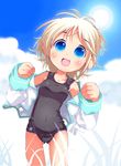  blonde_hair blue_eyes jacket jacket_over_swimsuit kuroneko_(kuroneko_works) lens_flare no_pants one-piece_swimsuit open_clothes open_shirt original school_swimsuit shirt short_hair solo sun swimsuit swimsuit_under_clothes thigh_gap 