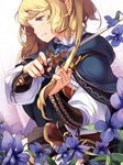  belt blonde_hair blue_eyes cloak colored_eyelashes comet_(teamon) cutting_hair flower hair_grab holding long_hair open_mouth original ribbon skirt solo sword tears violet_(flower) weapon 