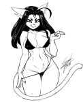  2018 anthro big_breasts bikini breasts cat cleavage clothed clothing digital_media_(artwork) fan_character feline female grin hair hi_res invalid_tag long_hair mammal monochrome navel non-mammal_breasts sem-l-grim simple_background smile smirk solo standing swimsuit teeth underwear 