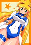  blonde_hair blue_leotard border ginga_ojou-sama_densetsu_yuna gloves green_eyes groin kagurazaka_yuna leotard long_hair oborogumo_takamitsu orange_border outside_border smile solo star white_leotard yellow_background 