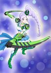  adapted_costume alternate_costume aono_miki belt blue_skirt boots choker cure_berry dual_wielding eyelashes fresh_precure! gatakiriba_(ooo_combo) green_choker highres holding kamen_rider kamen_rider_ooo kamen_rider_ooo_(series) kijinaka_mahiro long_hair magical_girl midriff parody ponytail precure purple_eyes purple_hair rider-tan skirt solo sword thighhighs weapon 